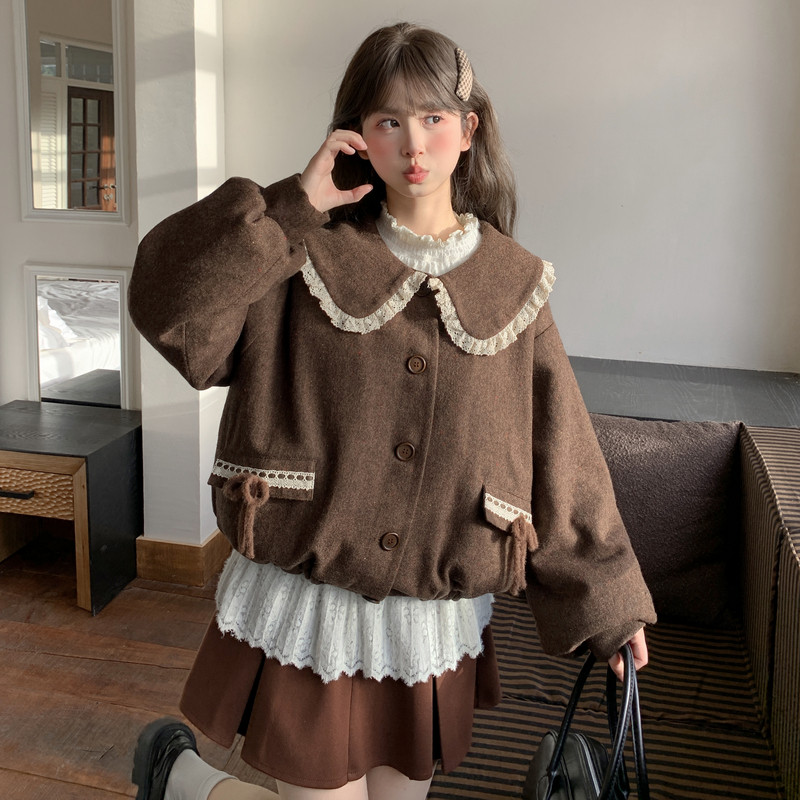 森女部落复古娃娃领短外套女新款甜美蕾丝设计感宽松百搭上衣冬季