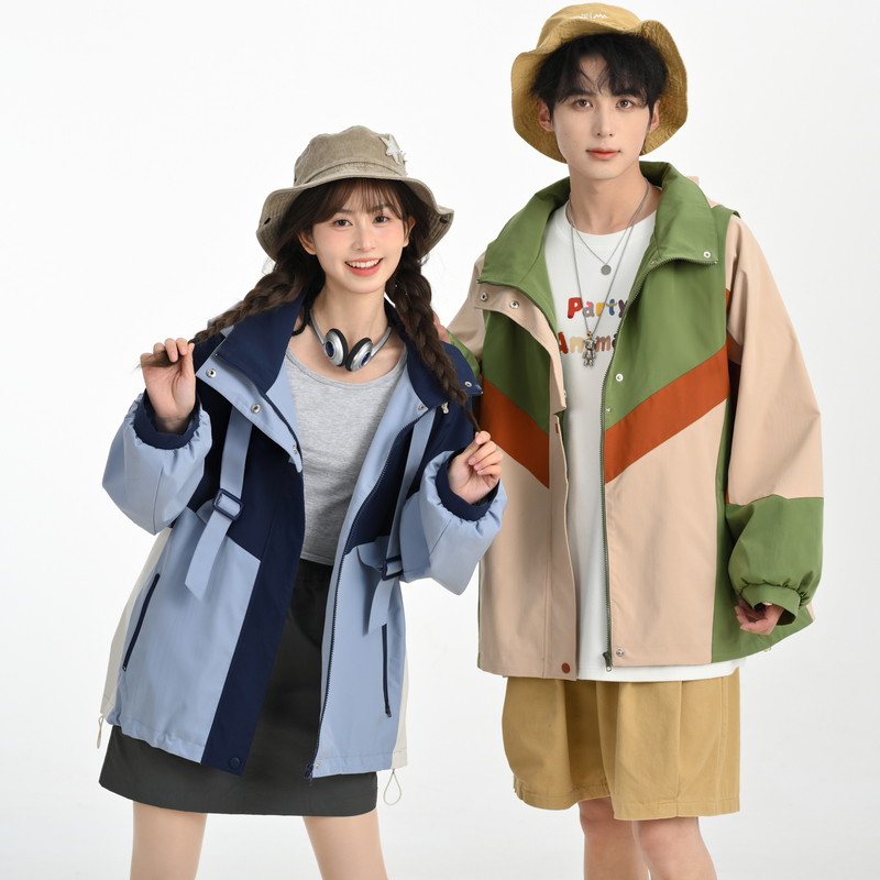 森女部落甜美露营中性撞色设计感情侣工装连帽外套女宽松风衣