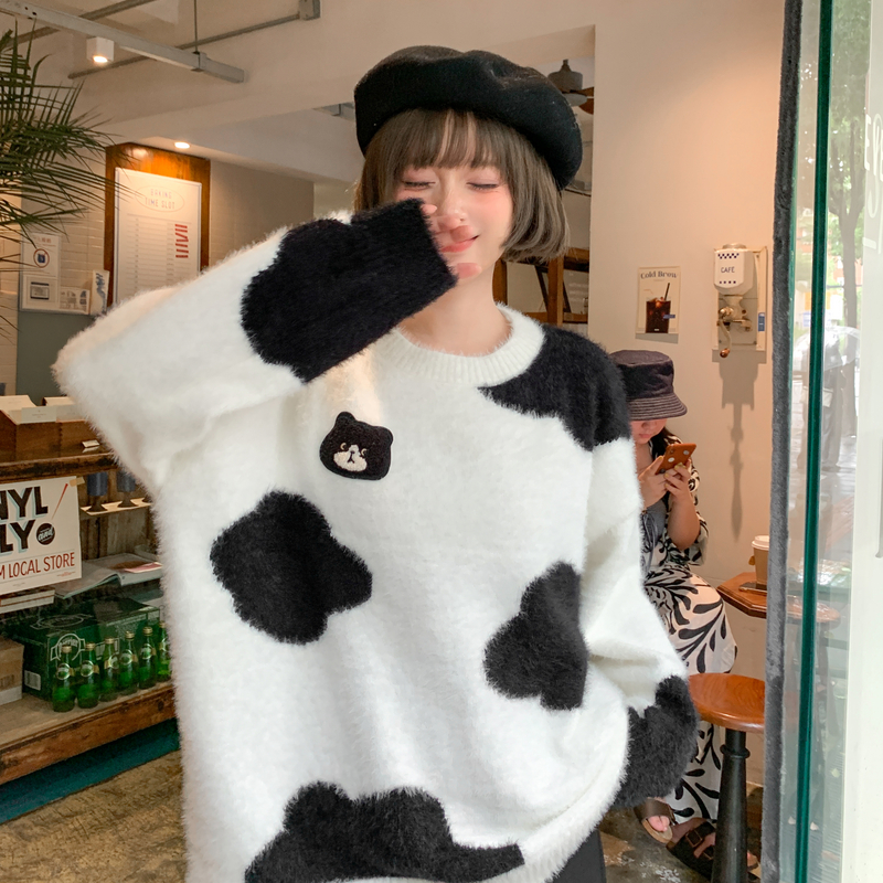 森女部落甜美可爱猫咪刺绣宽松针织衫女2025新款秋冬百搭撞色毛衣