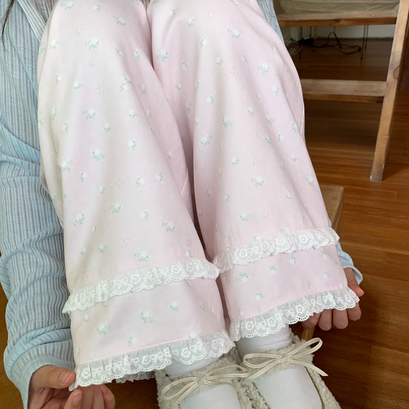 森女部落甜美风粉色碎花高腰阔腿直筒休闲裤女秋