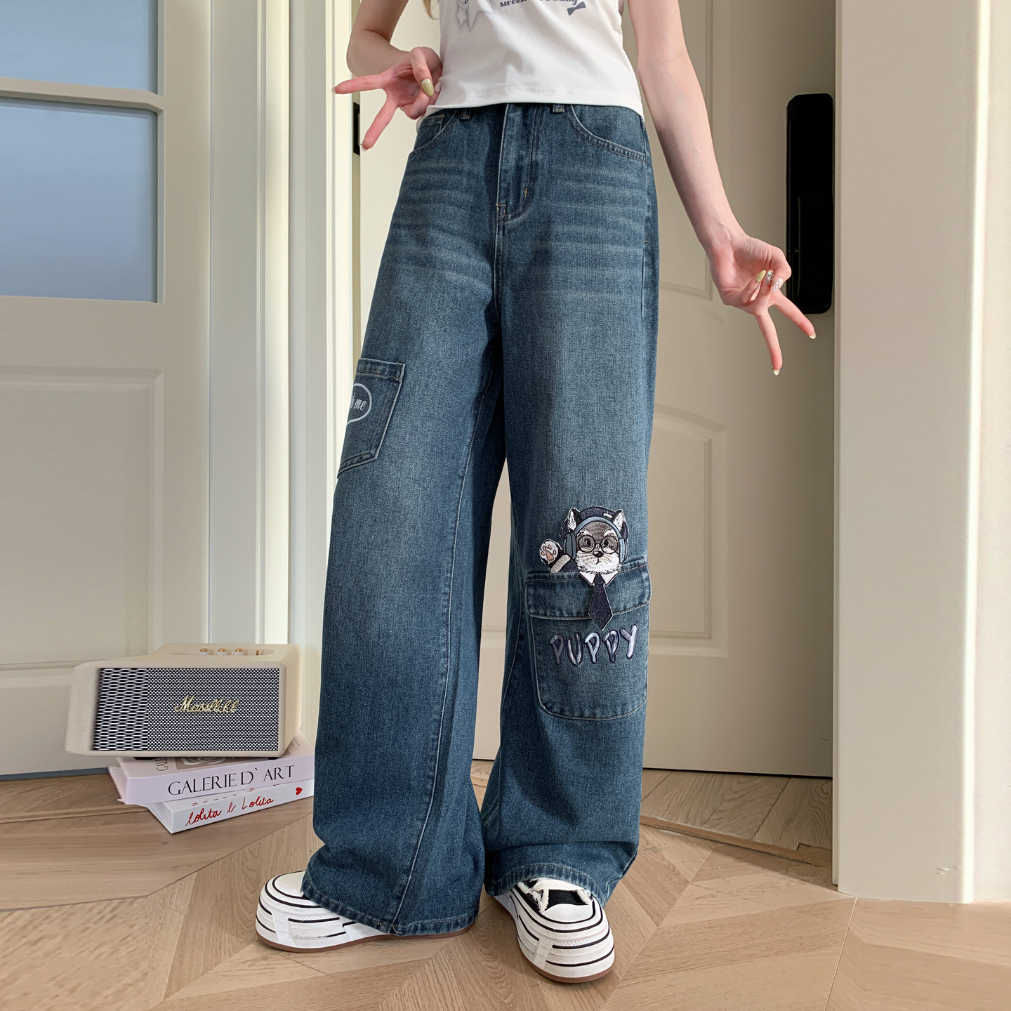 森女部落小狗贴布工装牛仔裤女夏季少女风水洗蓝高腰宽松阔腿长裤