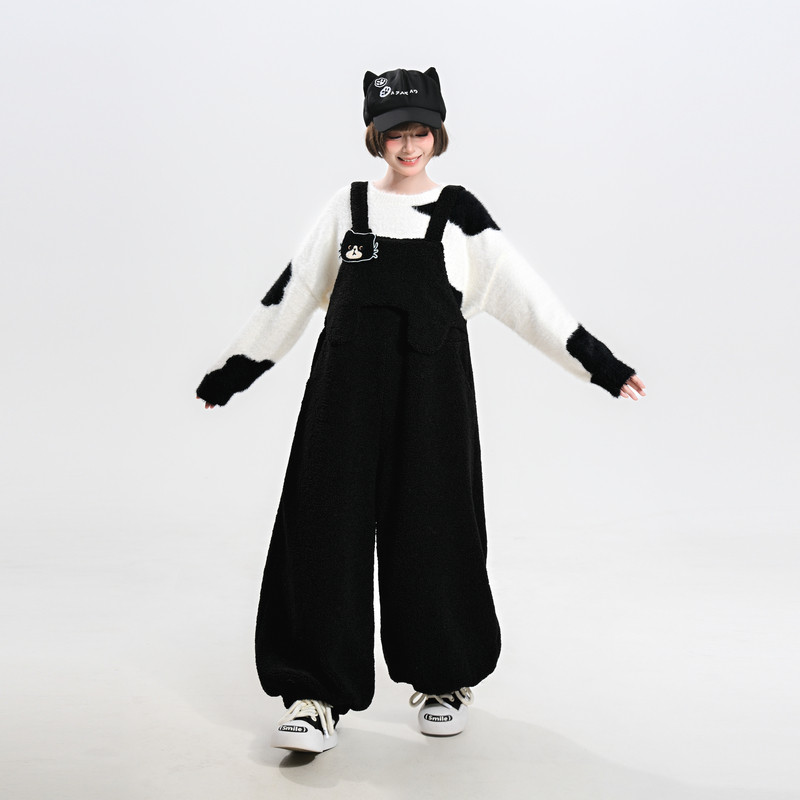 森女部落黑色小猫刺绣背带裤女2026新款宽松甜美百搭显瘦休闲裤秋