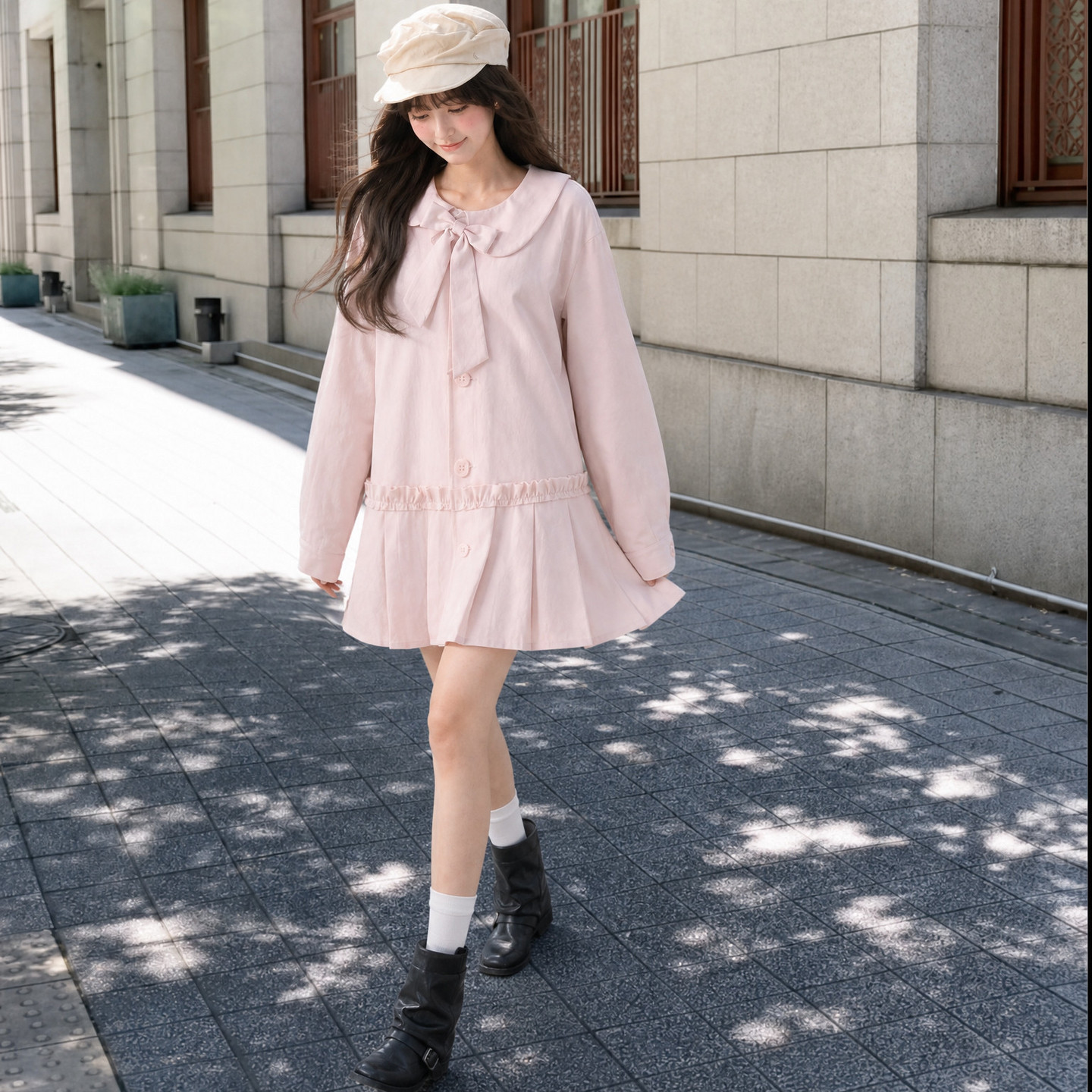 森女部落旗舰店甜美风娃娃领宽松粉色长袖风衣连衣裙女2026新款