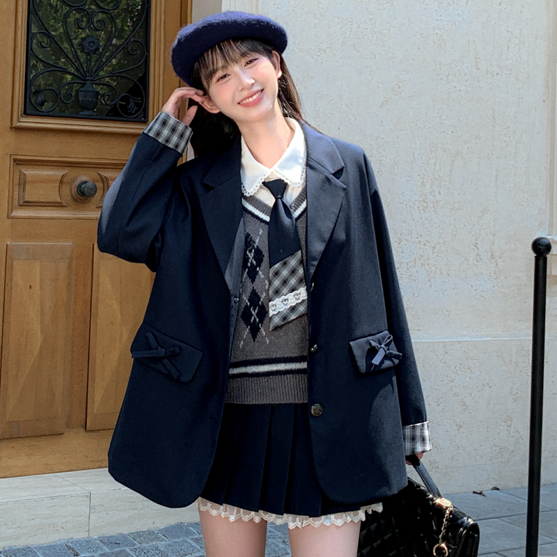森女部落学院风百搭藏青色JK西装女2025新款秋冬长袖宽松制服外套