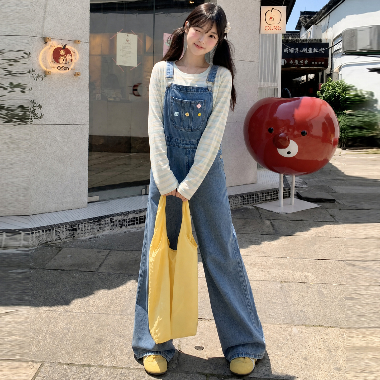 森女部落旗舰店甜美风格子背带裤女宽松阔腿遮肉小个子牛仔裤秋季