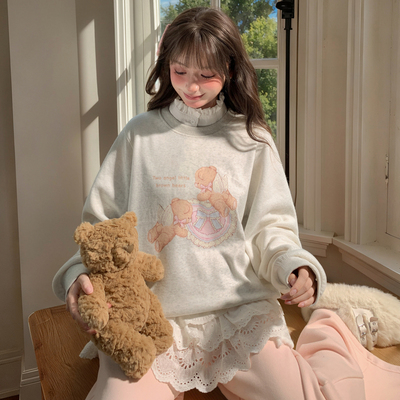 森女部落甜美风天使小熊印花圆领卫衣女2025新款宽松百搭上衣冬季