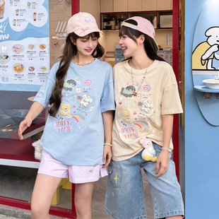 森女部落原创甜美风动物印花宽松短袖 穿搭 新款 百搭T恤女2025夏季