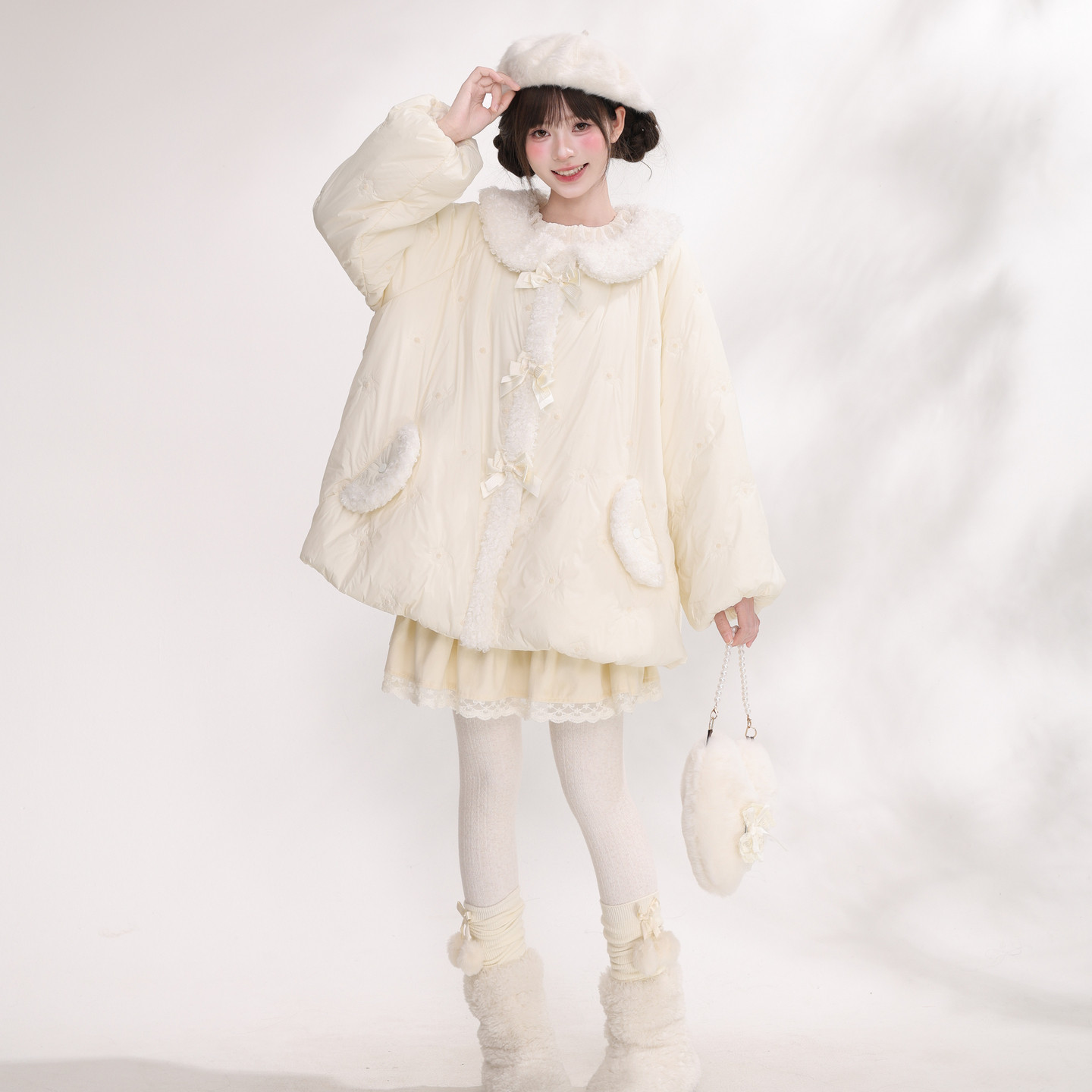 森女部落旗舰店甜美杏色棉服女款2026新款冬季毛绒长袖棉衣外套