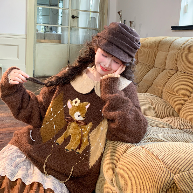 森女部落甜美风可爱小鹿刺绣设计感圆领毛衣女新款套头针织衫冬季