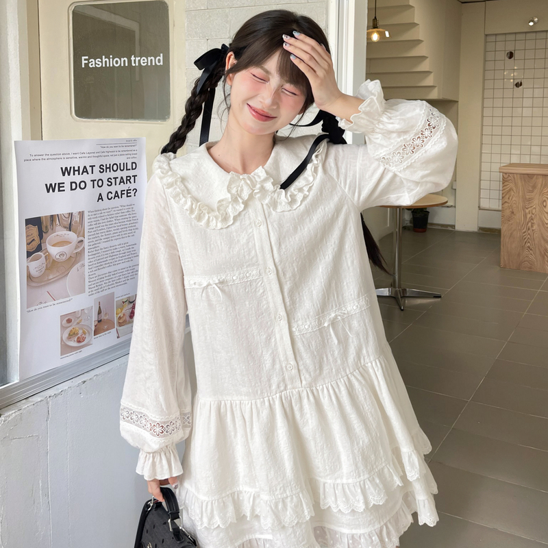 森女部落甜美纯棉法式设计感娃娃领宽松长袖连衣裙女2025新款秋季