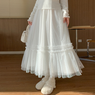 森女部落甜美气质白色蕾丝花边高腰半身裙女网纱A字裙2025新款 秋