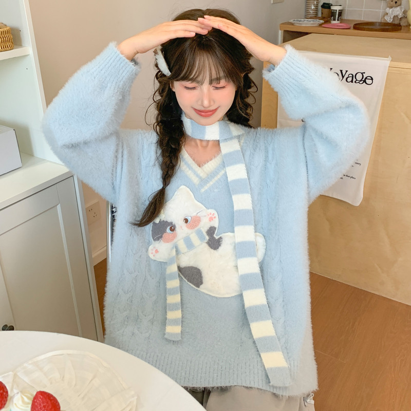 森女部落甜美风蓝色可爱猫咪刺绣V领毛衣女宽松长袖毛衣2025新款