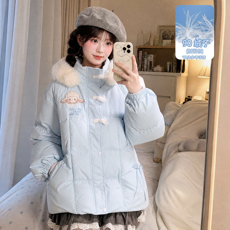 森女部落甜美浅蓝小羊羽绒服女2026秋冬季新款保暖外套小个子外套