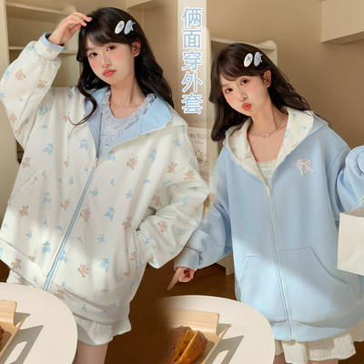 森女部落甜美风小熊印花双面穿设计感宽松连帽卫衣女
