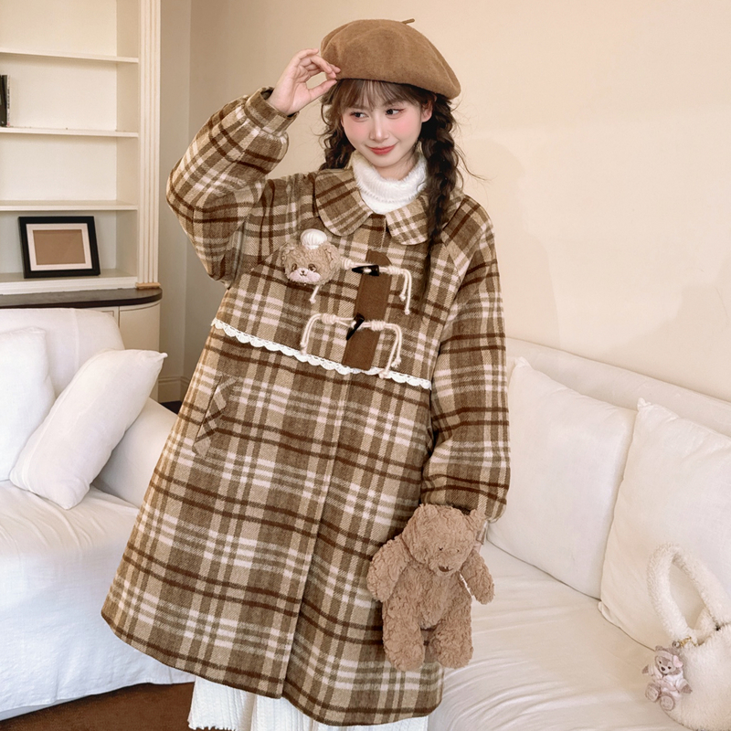 上新限时88折森女部落毛呢外套女格子毛呢大衣中长款呢子娃娃领