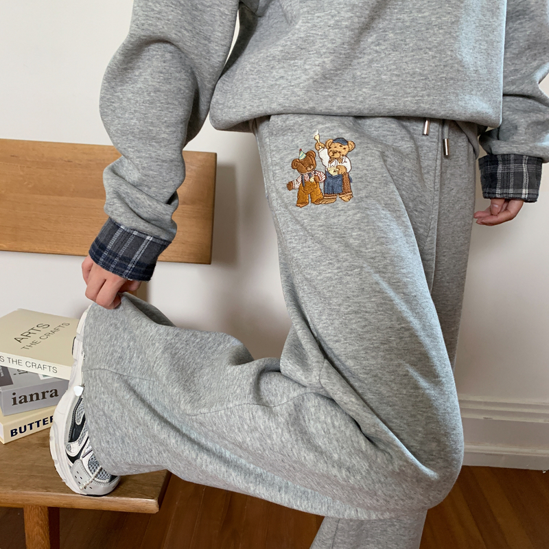 森女部落学院百搭高腰休闲裤女可爱小熊刺绣灰色阔腿裤2025新款秋