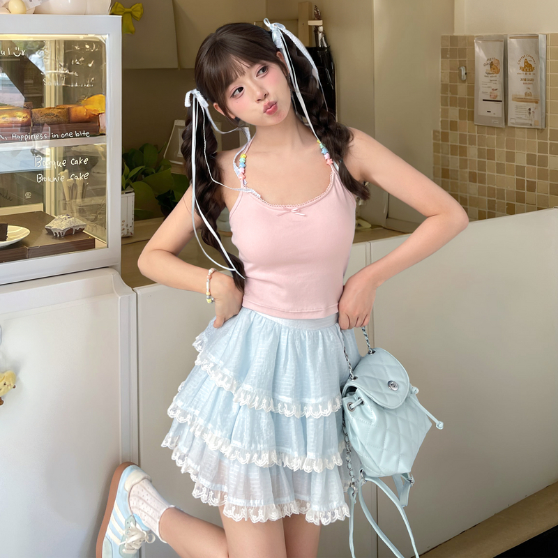 森女部落原创甜美风设计感外穿挂脖小吊带女纯色日常上衣2025夏季