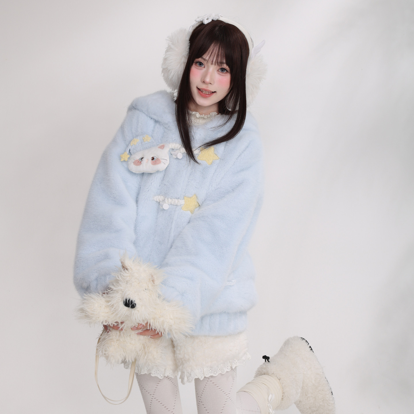 森女部落旗舰店蓝色毛绒猫咪外套女2026新款秋冬环保皮草软萌上衣