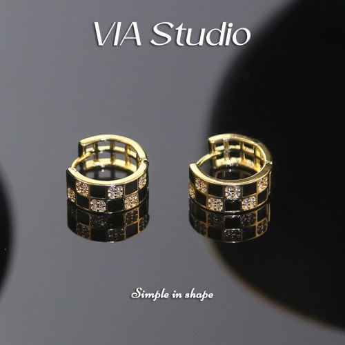 VIA Studio 棋盘格锆石滴油耳扣百搭耳环女独特圆圈网红小众耳饰