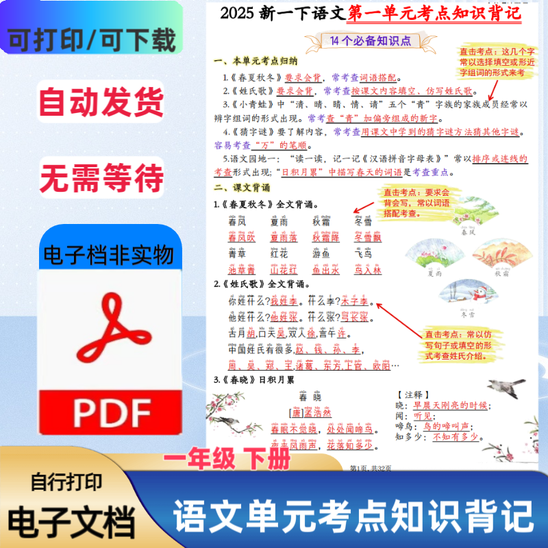 2025新版一年级下册语文单元考点知识背记14个必背知识PDF电子档
