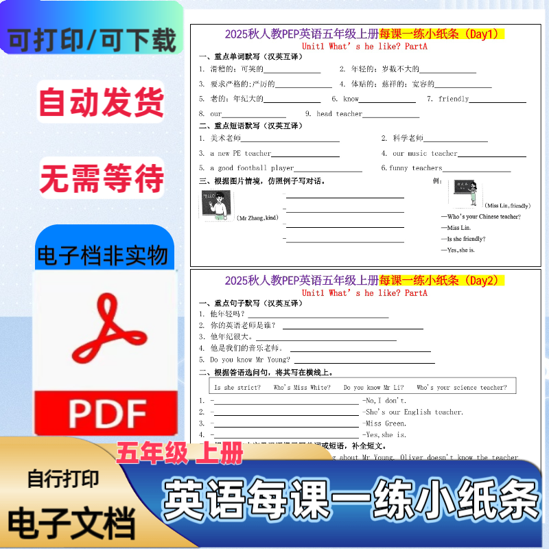 2025秋人教PEP英语五年级上册每课一练小纸条24天含答案PDF电子档