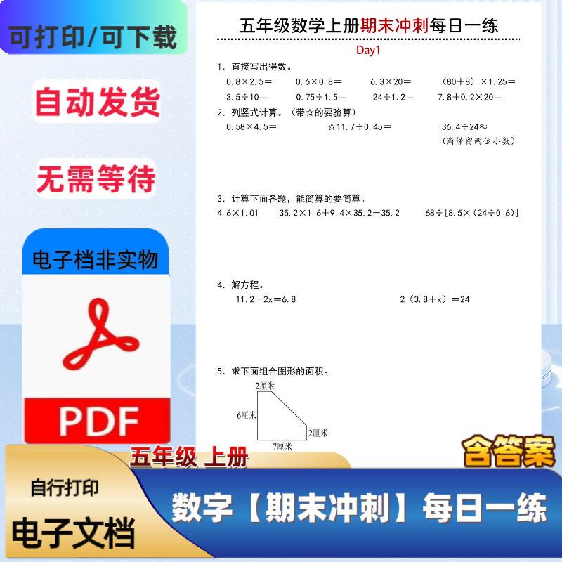 五年级上册数学期末冲刺每日一练20天复习题附答案解析PDF电子档,商务/设计服务,设计素材/源文件,淘宝优惠券,粉丝福利购,淘宝优惠卷