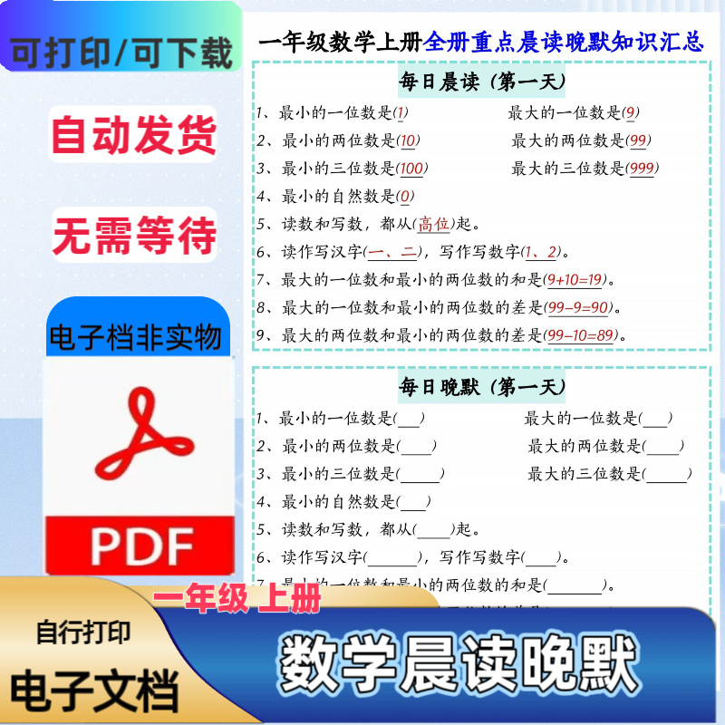 2025年新版小学一年级上册数学知识汇总晨读晚默写重点PDF电子档