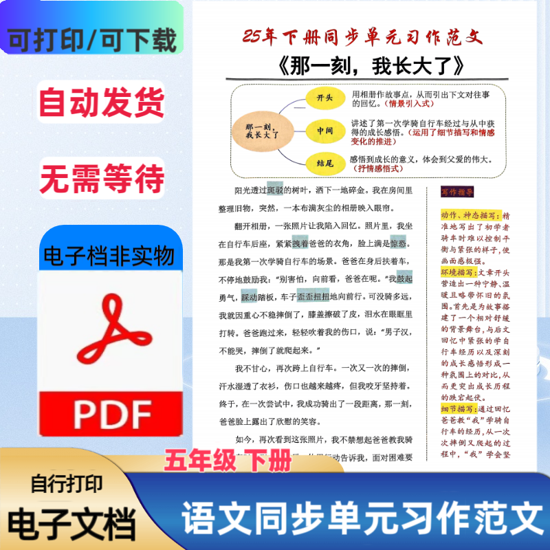 2025年五年级下册语文同步单元习作范文名师精批范文PDF电子档