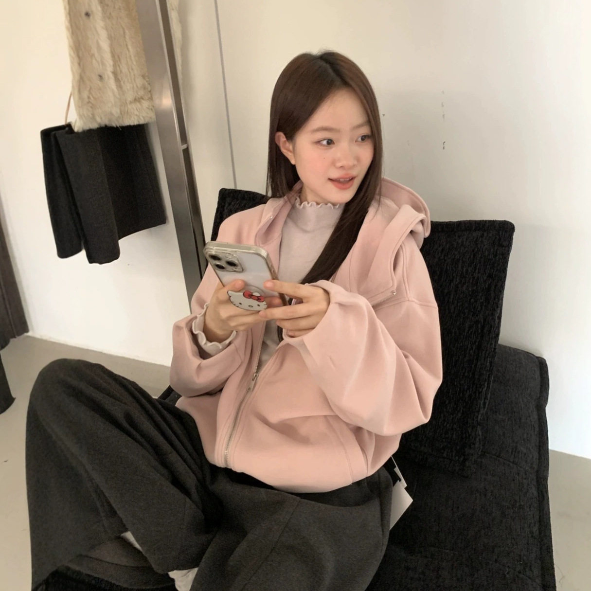 ZHIJIAN 若楠同款夹棉连帽卫衣外套女阿普瑞风上衣慵懒韩系55223