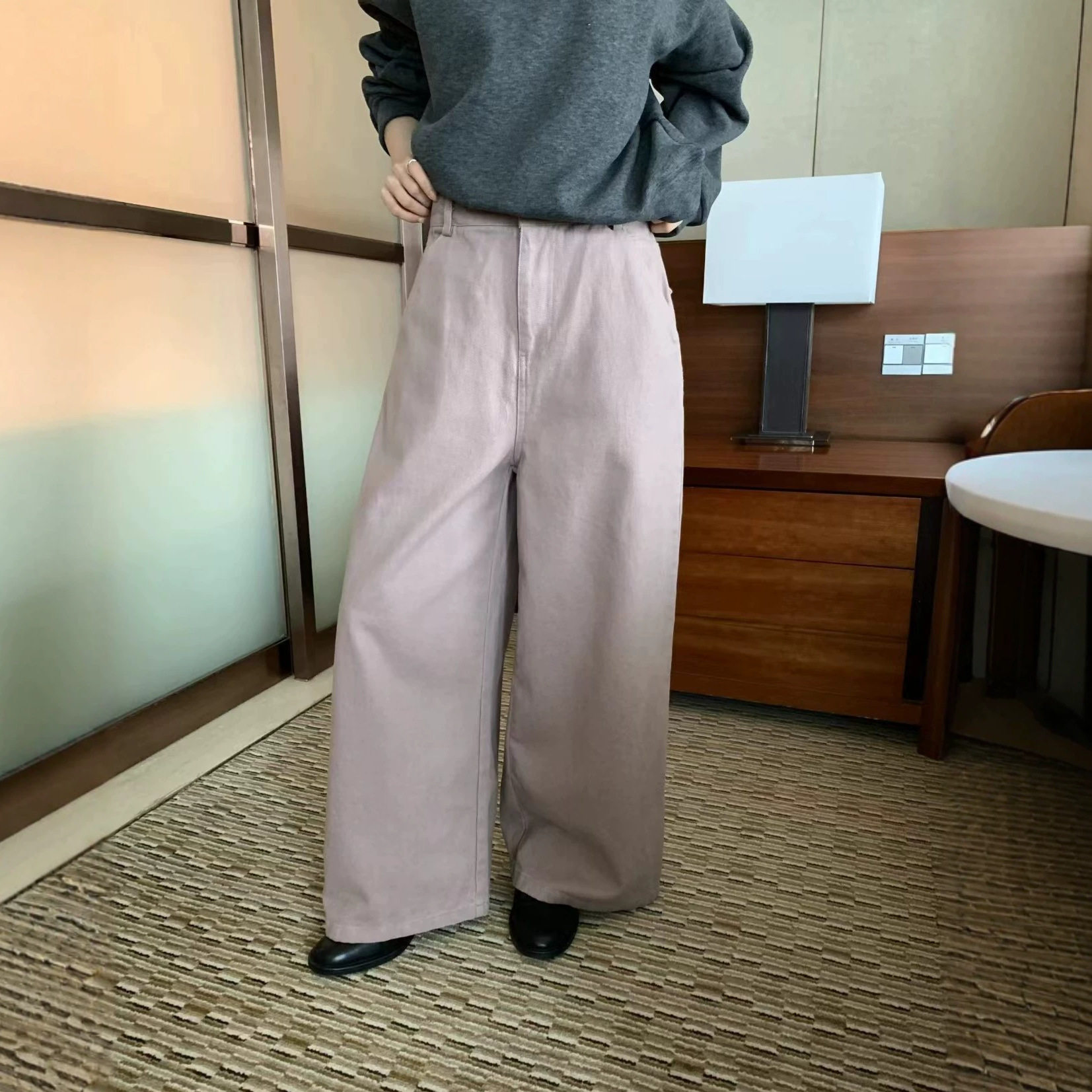 松弛感穿搭休闲裤设计感阔腿裤水洗棉休闲裤百搭小个子长裤85175