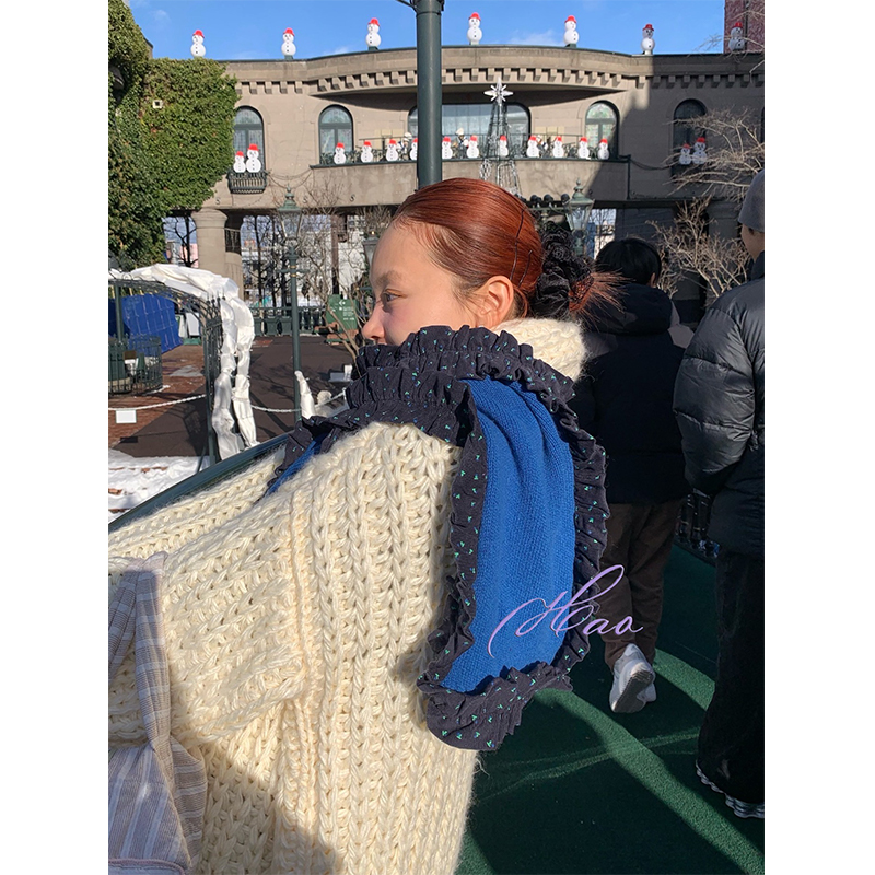 好好好！初恋蓝纯澳洲羊毛小碎花花边保暖大围巾氛围感