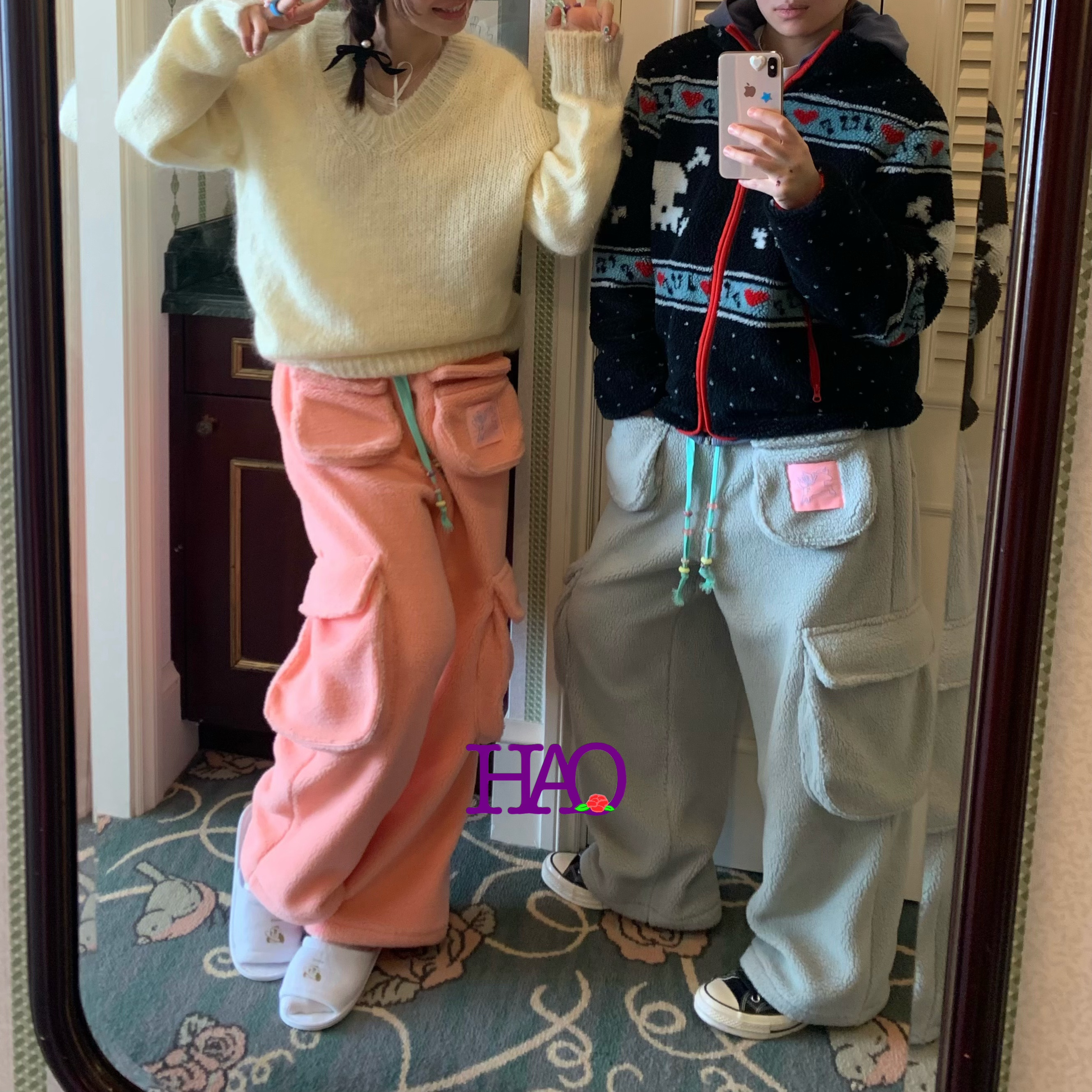 好好好！色彩保暖松紧腰羊羔毛摇粒绒工装休闲裤家居裤