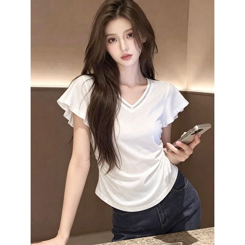 大码V领短袖修身T恤女夏季新款