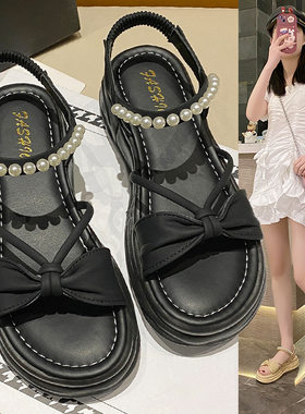 2026夏季厚底蝴蝶结珍珠女凉鞋