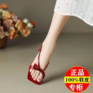 2026新款绝美设计师软皮法式方头单边蝴蝶红色凉鞋夏季新款中跟女