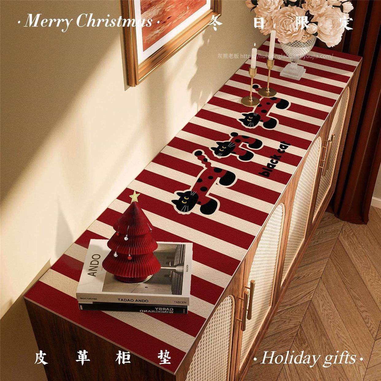 猫咪红色皮革电视柜垫防水防油免洗桌布茶几垫边柜垫新年装饰