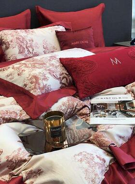 床上四件套支婚庆100红色长绒棉 数码全棉印花被套新婚高级感床品