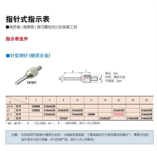 原装三丰21AAA337百分表千分表平测针硬质合金平测针 1.5×20长