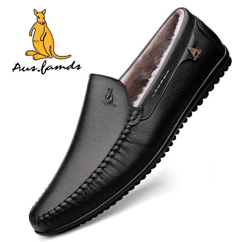 澳洲名袋鼠冬季新款加绒加厚一脚蹬豆豆男鞋子休闲商务正装皮鞋男