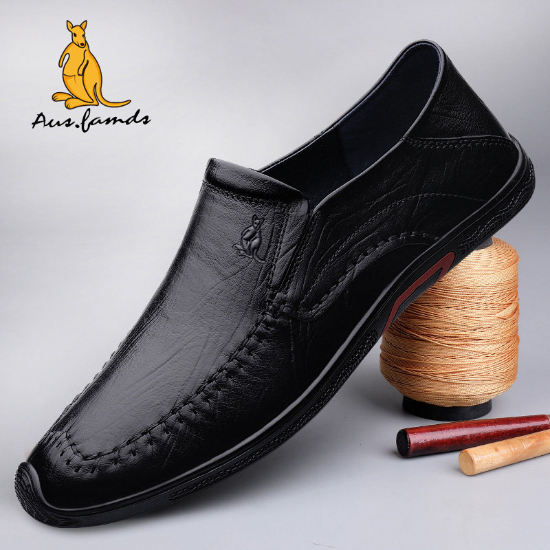 澳洲名袋鼠冬季新款真皮加厚一脚蹬休闲皮鞋男百搭商务懒人鞋子男