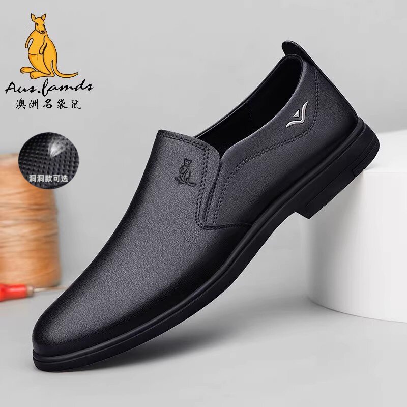 澳洲名袋鼠春季新款透气真皮休闲皮鞋男通勤商务正装百搭爸爸鞋子