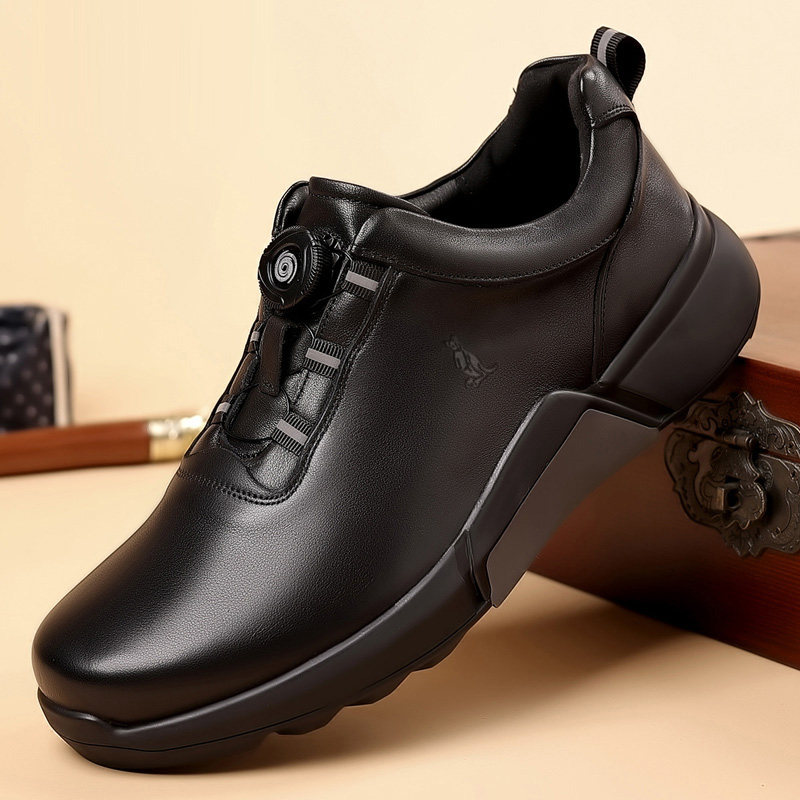 澳洲名袋鼠黑色旋转扣真皮休闲皮鞋男防水防滑厨师中年运动爸爸鞋