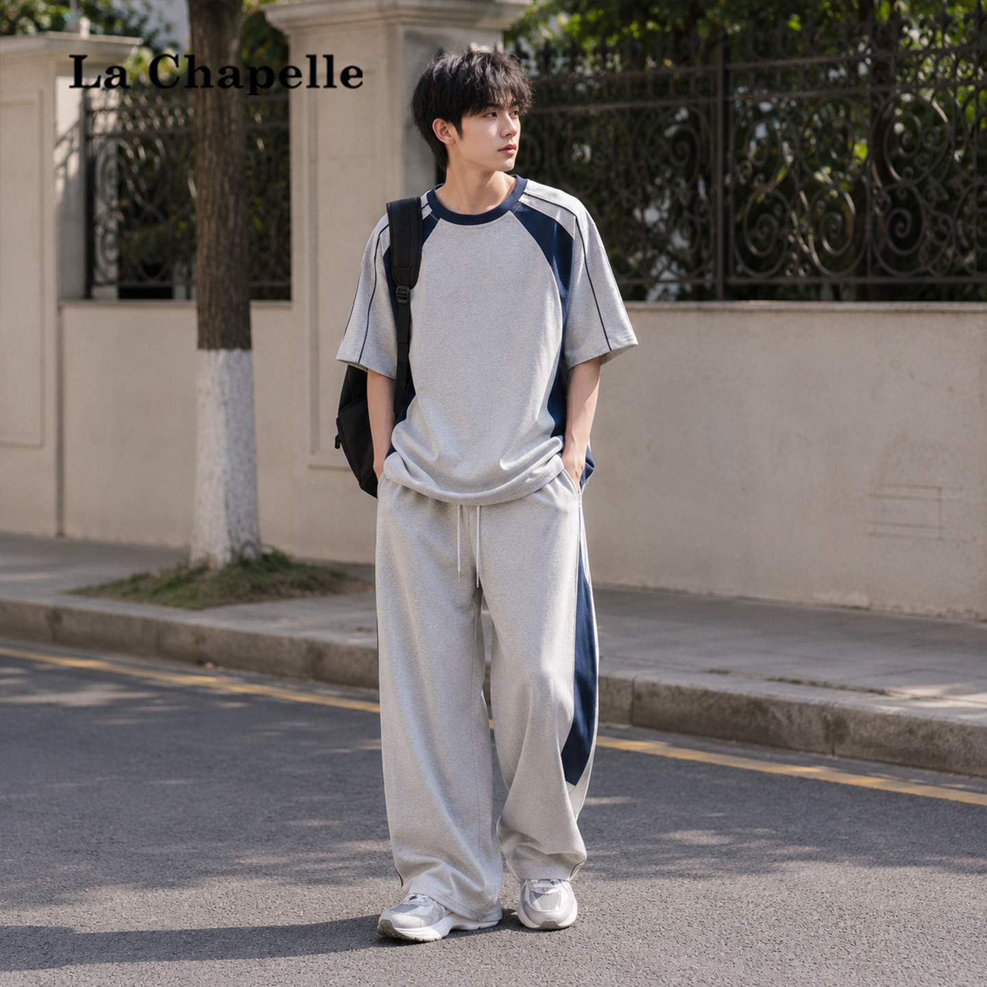 拉夏贝尔夏季休闲运动套装男士拼接短袖t恤宽松长裤情侣装一整套