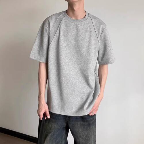 美式复古拼接体恤设计感小众简约青少年正肩半袖灰色短袖T恤男款