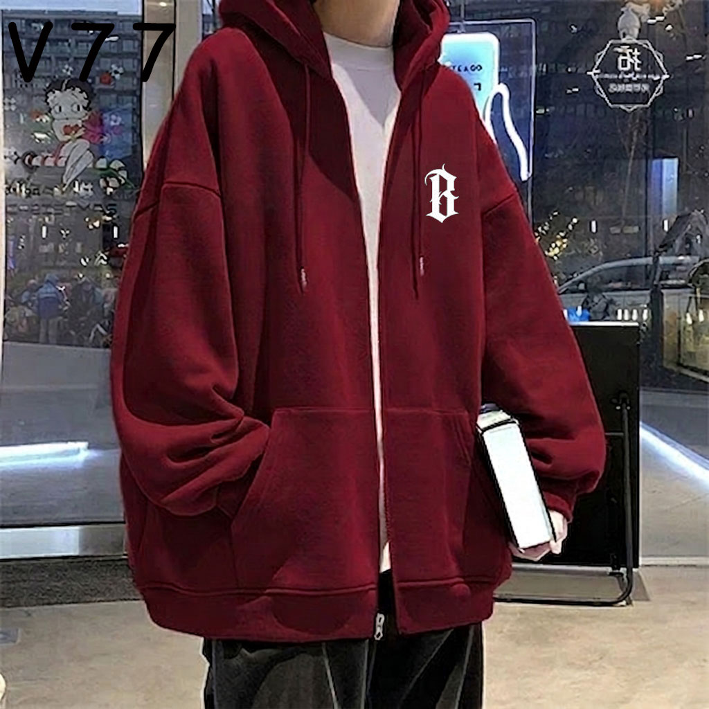 酒红色连帽开衫卫衣男2026秋冬加绒加厚美式春秋薄款拉链帽衫外套图片