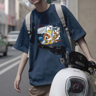卡通狗狗印花美式t恤男款夏季宽松潮牌原宿纯棉短袖港风文艺体恤