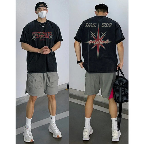 重磅纯棉短袖T恤男夏季vintage美式复古情侣装做旧水洗宽松上衣潮