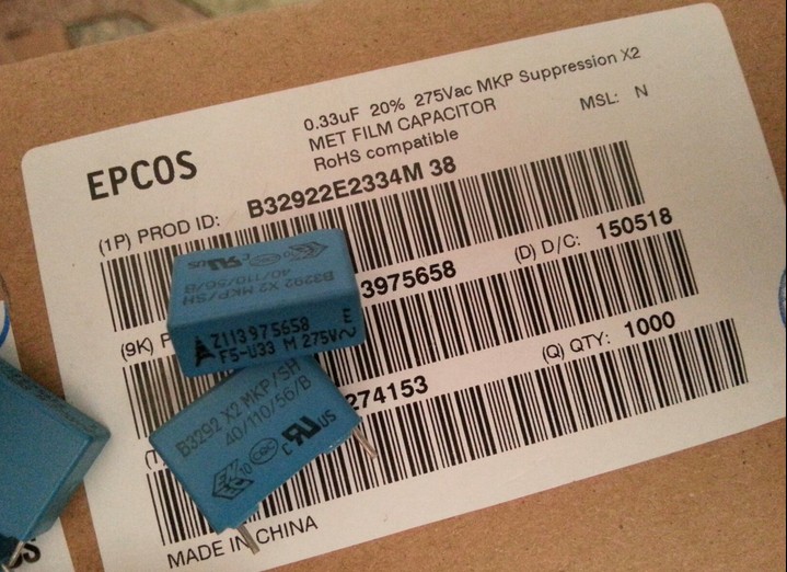 B32922E2334M 薄膜电容器 275V0.33uF  20% X2 MKP EPCOS 西门子