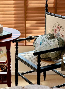 中复古实木刺绣餐椅宋氏美学经典扶手椅法式轻奢家用藤编书桌椅子