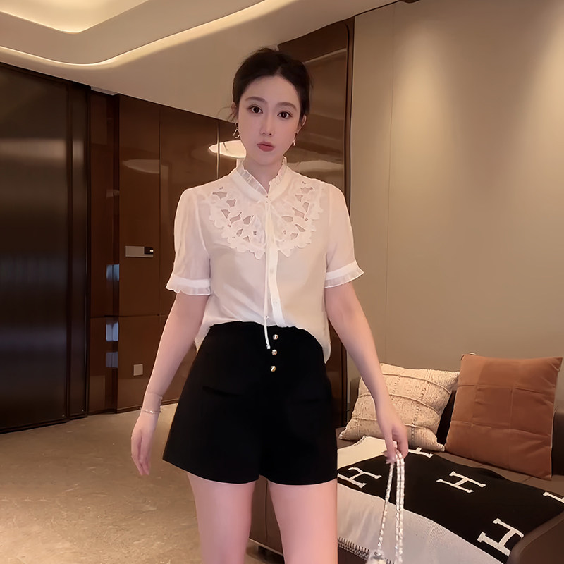 大李plus醋酸a字版纯色三颗扣短裤女夏季高腰百搭修身显瘦裤子